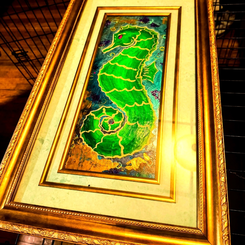 Framed New  Green Seahorse Large Painting Boston Massachusetts Artist